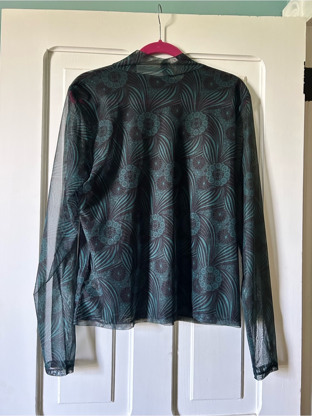 Anthropologie Teal and Black Sheer Printed Long Sleeve Top - Picture 2 of 5